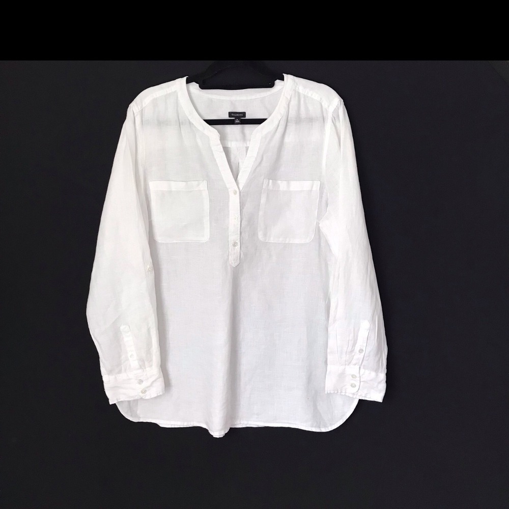 Talbots 100% Linen Split-Neck Roll Tab Tunic Top White Pocket Women's Size XL